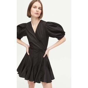 Rhode Claudine Puff Sleeve Wrap Drop Waist Mini Dress - XS Black